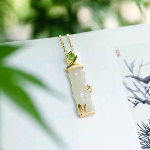 Silver Natural Hetian white jade bamboo Pendant Necklace Chinese style retro unique ancient gold charm womens brand jewelry