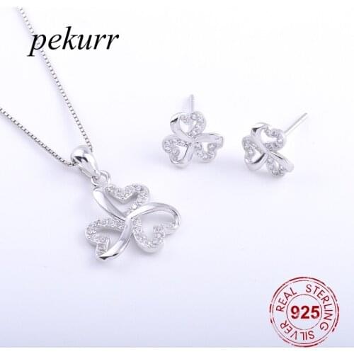 Pekurr 925 Sterling Silver Heart to Heart Clover Flower Earrings Necklace Sets For Women Lucky Leaf Pendants Jewelry Sets