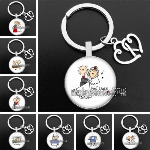Cartoon Cute Lover We Are Get Married Glass Keychain for Lovers Our Wedding Key Ring for Wedding