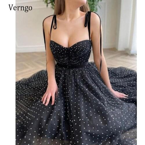 Verngo 2021 Black Polka Dots Tulle A Line Evening Dress Spaghetti Straps Tied Shoulder Tea Length Party Prom Dress Short Gowns