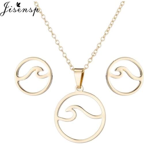 Jisensp Stainless Steel Jewelry Sets Simple Round Wave Charm Necklace Earrings Fashion Jewelry for Women Girls Birthday Gift