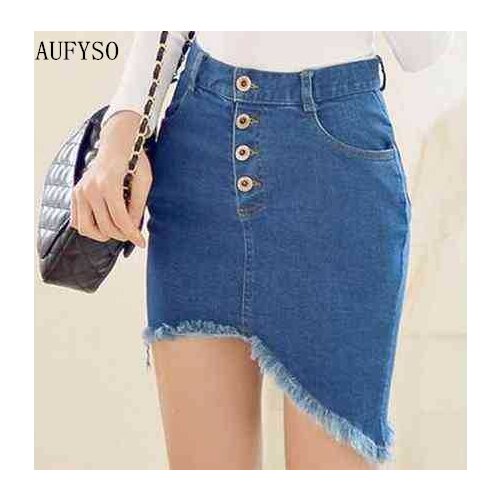 Denim Skirt For Women 2020 Korean Style High Waist Ripped Tassel Sexy Bodycon Asymmetrical Short Skirt Blue Jeans Skirt B12