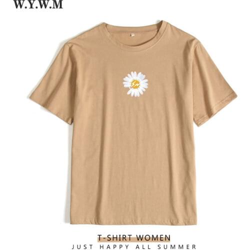 WYWM Summer Cartoon Floral Printed Tshirts Women Harajuku Litter Daisy Graphic Tee Loose Soft Cotton Short Sleeve Female Tops