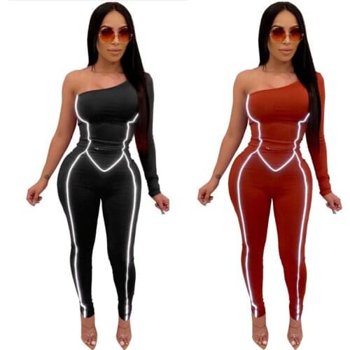 Women Skinny One Shoulder Jumpsuit Reflective Striped Patchwork Fitness Bodysuit 2020 Female Casual Work Out Playsuit Rompers