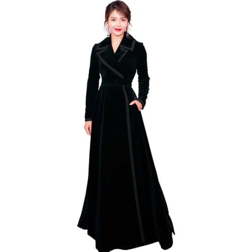New 2020 Winter Runway Designer Women Vintage Notched Collar Wrap Black Velvet Maxi Coat Thick Warm Long Trench Coat Outwear