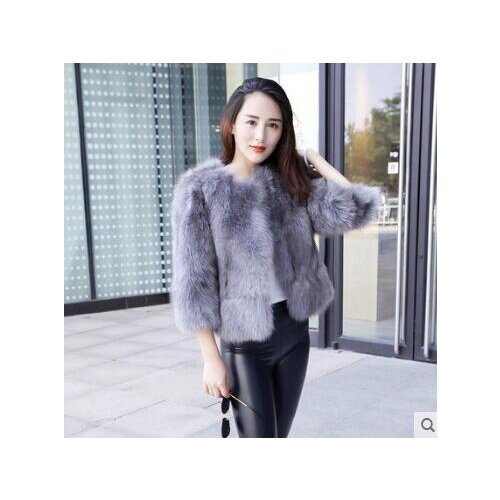 Women real fox fur coat short paragraph winter ladies warm jacket o-neck three quarter sleeves female
