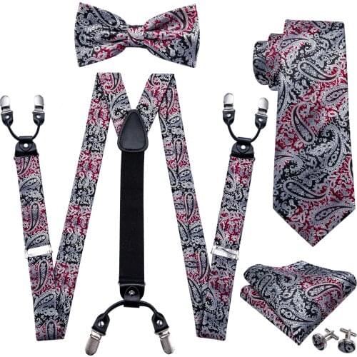 Fashion Bow Tie Black Paisley Silk Ties For Men Suspenders Handkerchief Cufflink Set Barry.Wang Designer wedding Gift S-2002
