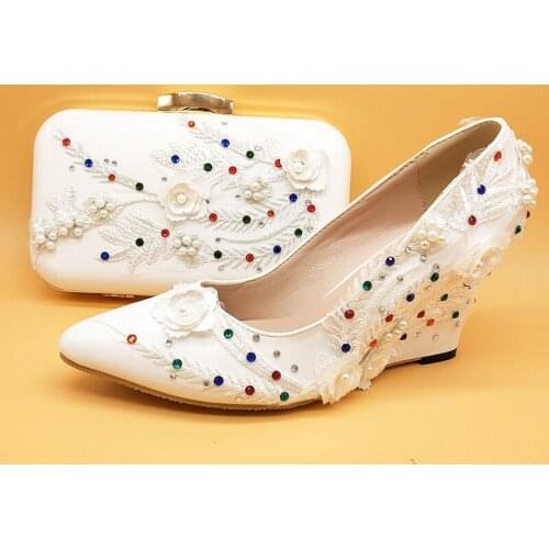 White Lace Flower wedding shoes with matching bags bride High heels Wedges Pumps Ladies Party shoe and bag set Ankle strap shoe