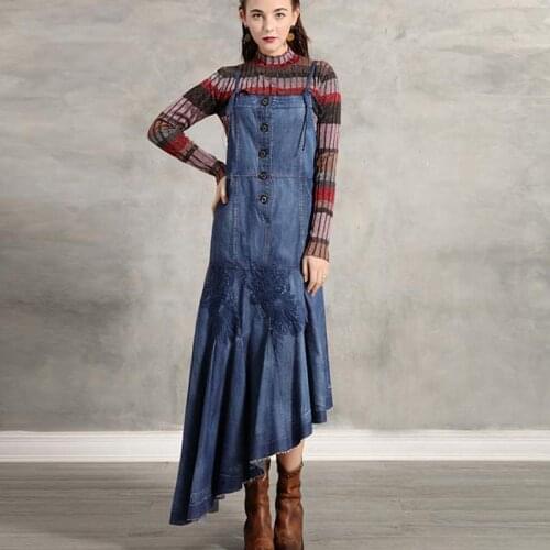 Free Shipping Long Maxi Denim Dresses Women Sleeveless M-XL Vintage Dress Embroidery Irregular Dress Mermaid Style Strapless