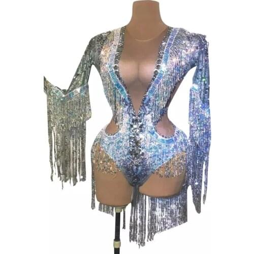 Sparkling Silver Rhinestone Sequin Tassel Party Bodysuit Women Stretch Dance Fringes Jumpsuit Club Bar Singer Leotard Stage Wear
