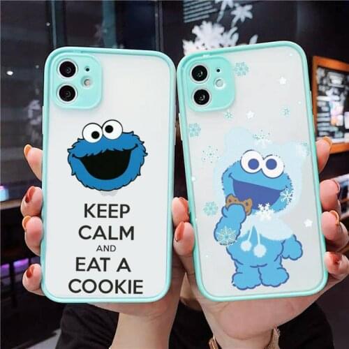 Cartoon Cute Sesame Cookie Monster Phone Case For iPhone 12 11 Mini Pro XR XS Max 7 8 Plus X Matte transparent blue Back Cover