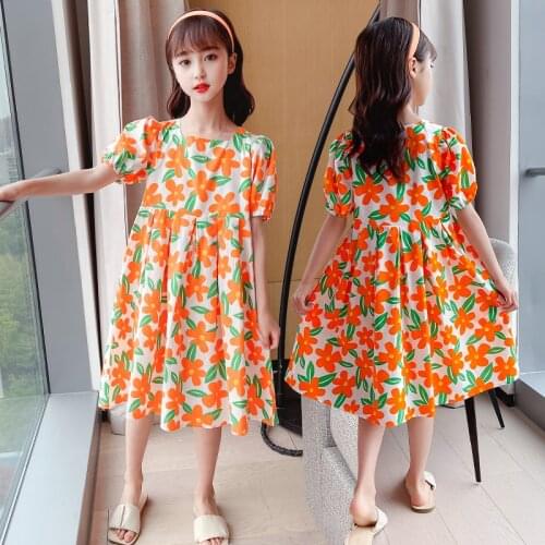 Childrens Dress Summer Fashion Baby Clothing Girls Casual Solid Color Retro High Waist Princess Dresses With Puff Sleeve Clothes