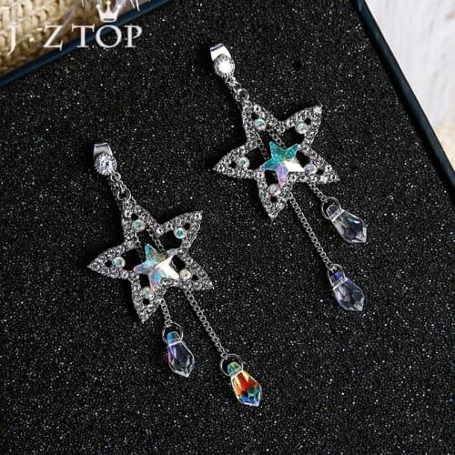 JZTOP Fashion Crystal Tassel Earrings Five Pointed Star Pendant Long Stud Earrings For Woman Boucle D'oreille Jewelry