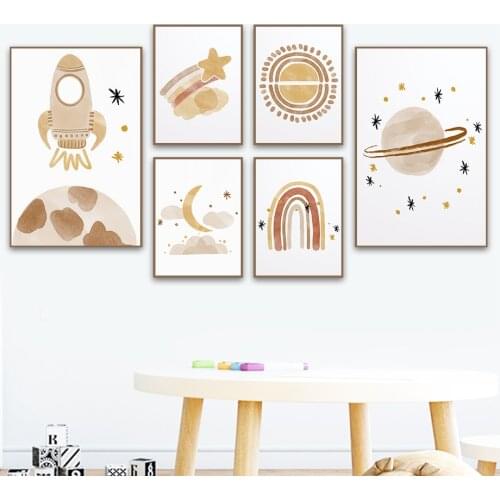 Rocket Planet Moon Stars Rainbow Sun Cartoons Wall Art Canvas Painting Nordic Posters And Prints Wall Pictures Kids Room Decor