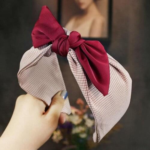 Fashion Girls Hair Accessories Net red houndstooth fabric wide-brimmed hair band elegant bow headband women