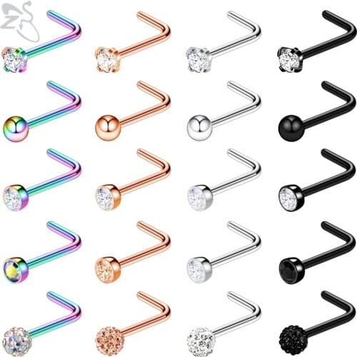 ZS 20pcs/lot Colored 316L Stainless Steel Nose Stud Set For Women Men 3MM CZ Crystal Nose Piercings 20g Bioflex Piercing Jewelry
