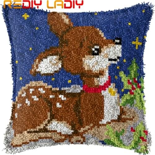 Latch Hook Cushion Christmas Deer Pre-Printed Canvas Cushion Cover Acrylic Yarn Crochet Pillow Case Hobby & Crafts Home Decor