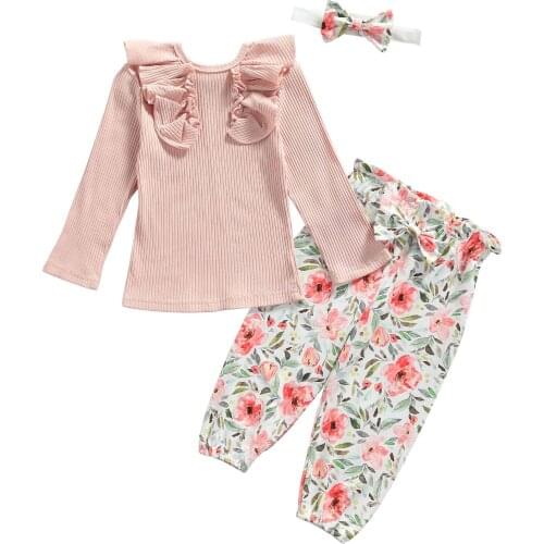 2021 New Kids Girls Clothes 3Pcs Kid Tracksuit Solid Color Long Sleeves Frilly Blouse + Flower Print Pants + Headband, 1-5 Years