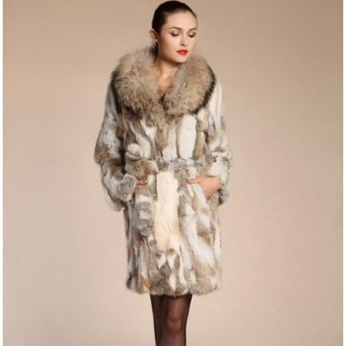 New womens Real genuine natural rabbit fur coat with raccoon fur collar girls fashion long jacket outwear with fur belt