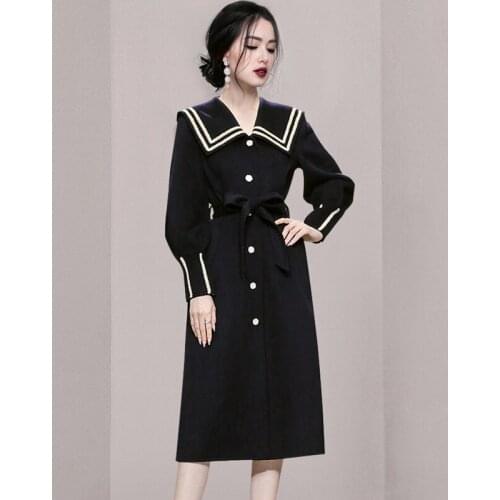 Single Breasted Party Dress Women Black Navy Collar Long Sleeve Elegant Long Dress Vintage Hepburn French Jackets Dress C902