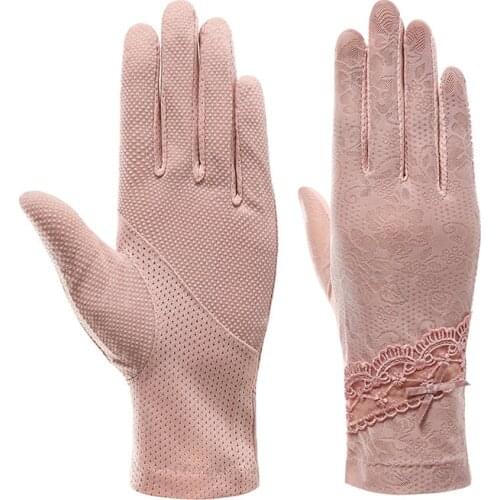 New Women Summer Ice Silk Gloves Stretch Thin Breathable Lace Touch Screen Glove UV Protection Slip Resistant Driving Gloves