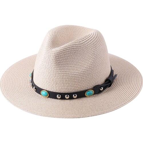 Simple foldable womens straw hat summer outdoor flat brim jazz top hat mens sunscreen Panama gemstone rivet wedding hat