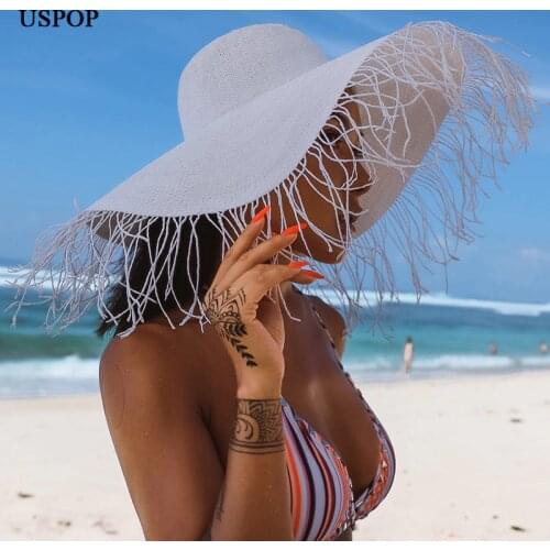 USPOP summer hats wide brim woven straw hat gradient printing sun hats hairy edges brim beach hat