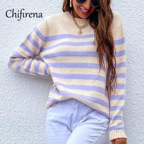 Chifirena Winter Long Sleeve Women Sweater Striped Loose Kawaii Clothes Jumper Pullover Oversized Knitted Black Sweaters Ladies
