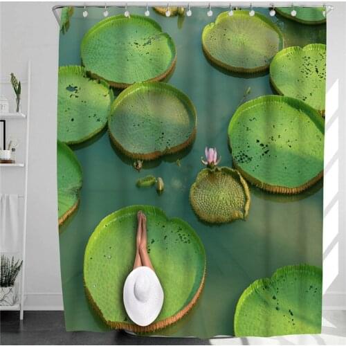 Lotus Leaves In The Lake Home Fresh Decor Bathtub Shower Curtains Nordic Style Bathroom Curtain Waterproof Polyester W200xH180cm