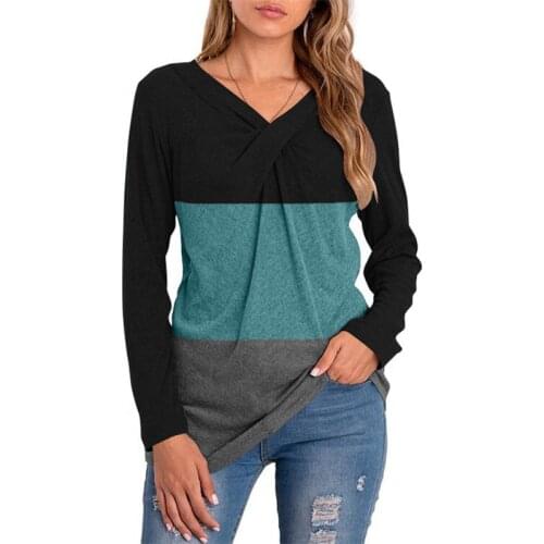 Female Autumn V-Neck Long Sleeve Splicing T-Shirt Color Contrast Tops Tshirt Woman Leisure Loose Tee Tshirts Camisetas De Mujer