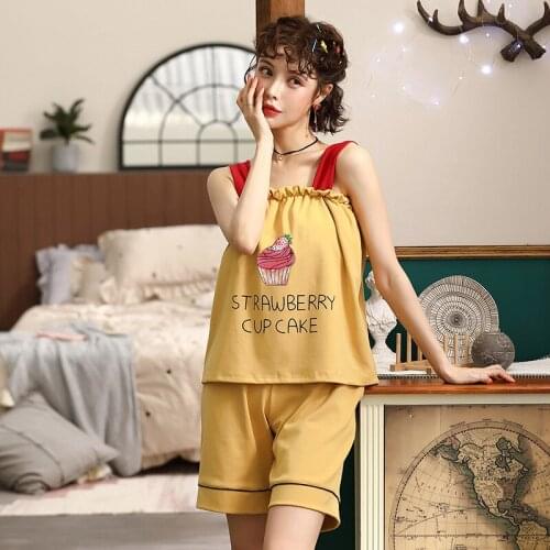 Women new cotton lady summer sexy spaghetti strap shorts Japanese with chest pad pajama home backless thin pajama sets pajamas