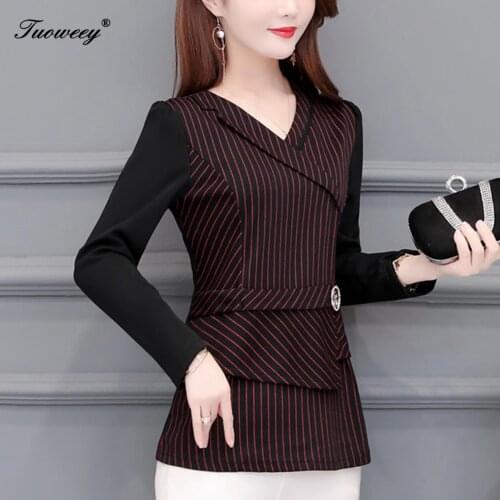 2020 Autumn V-neck Womens Shirts Blue Striped Stand Collar long sleeve Button Split Slim Women Blouse Fashion 4XL Tide New
