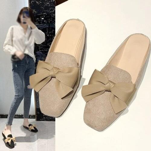 Womens Flat Shoes with Bowknot, Korean Style Fashionable Beige Mules, Non-slip Soft Half-shoes for Home and Fitting Room