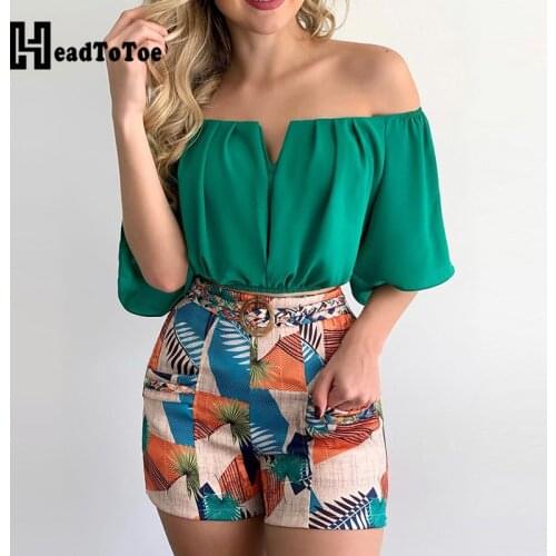Off Shoulder Ruched Top & Tropical Print Shorts Set With Belt Women Summer Two Piece Set