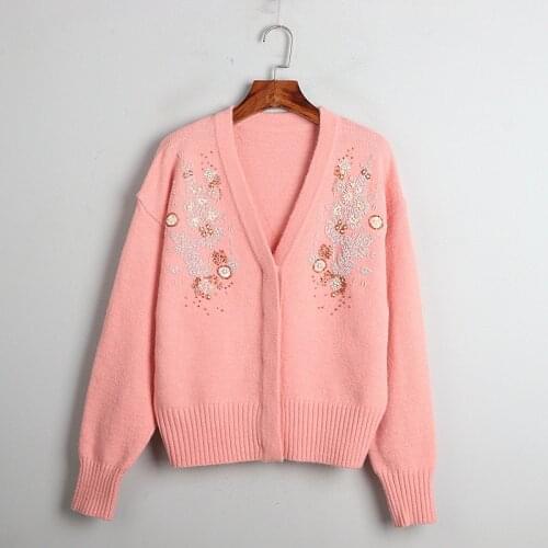 1101 2020 Autumn Sweater Free Shipping V Neck Long Sleeve Kint Beads Black Pink Green Fashion Womens Clothes S m L dl