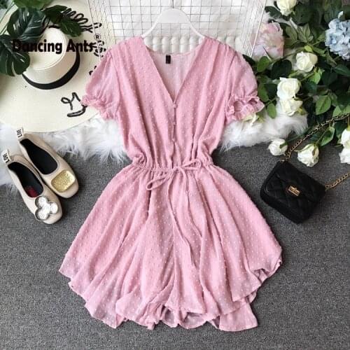 2021 new V-neck jumpsuit polka dot waist chiffon summer womens clothes sexy solid color high waist ruffle combinaison femme