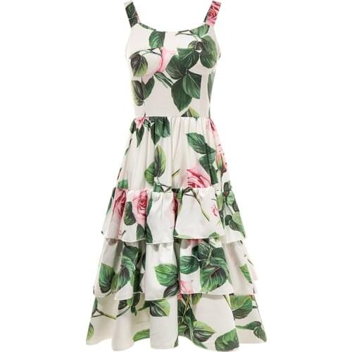 Summer Fashion Runway Dress Women Spaghetti strap Ruffle Cake Floral Print Elegant Plus size Dress vestido