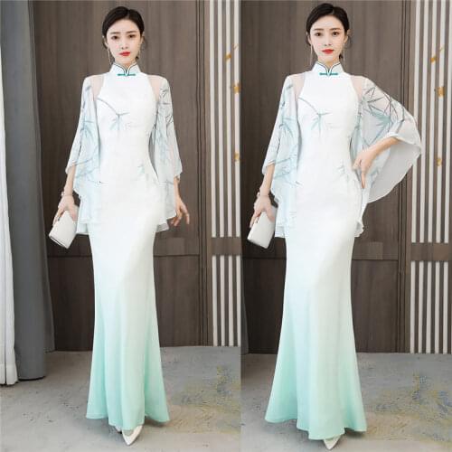 2021 Spring Autumn New Costumes Banquet Runway Cheongsam Dress Chinese Style Clothing Cloak Sleeve Qipao Female Robes y1469
