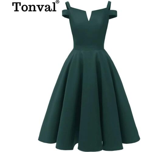Tonval Party Women Green Solid Notch Neck Cold Shoulder Luxury Vintage A Line Dress Banquet Elegant Lady Sexy Dresses