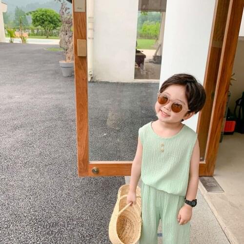 2021 Summer New Children Suit Girls and Boys Korean Sleeveless Vest Mosquito Proof Pants Comfortable Home Wear Two Piece Set
