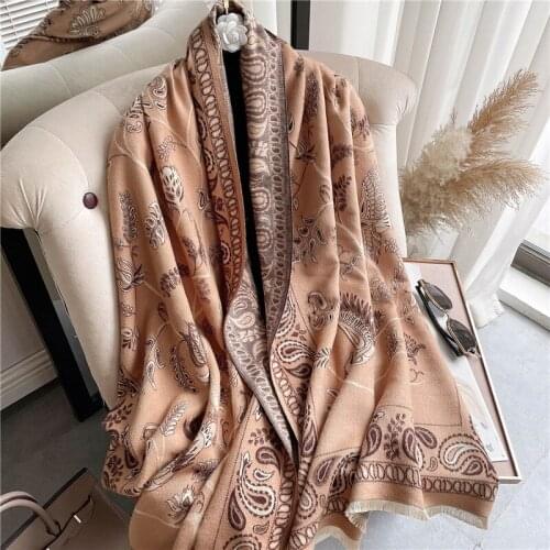 Winter Luxury Brand Soft Flower Print Scarf Women Warm Cashmere Pashmina Foulard Female Scarves Long Blanket Thick Shawls Wraps