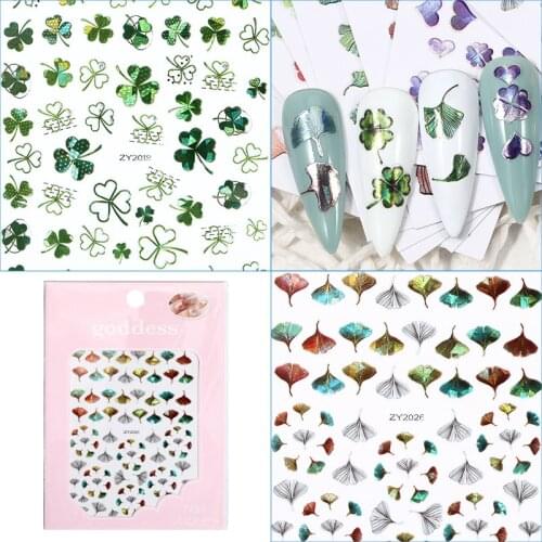 1Pcs Design Laser Leaf Self-adhesive Nail Sticker Lucky Four-leaf Clover Animal Cartoon Nail Art Sticker Decal Nail Charm