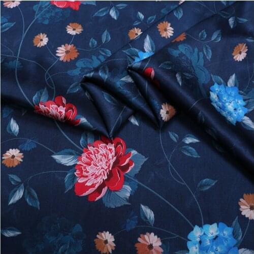 138cm*100cm Red Blue Flower Print Natural Silk Fabric Stretch Satin Spandex