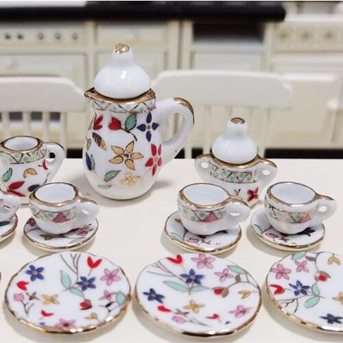 15Pcs/Set 1:12 Miniature Porcelain Tea Cup Set Printing Flower Tableware Kitchen Toys