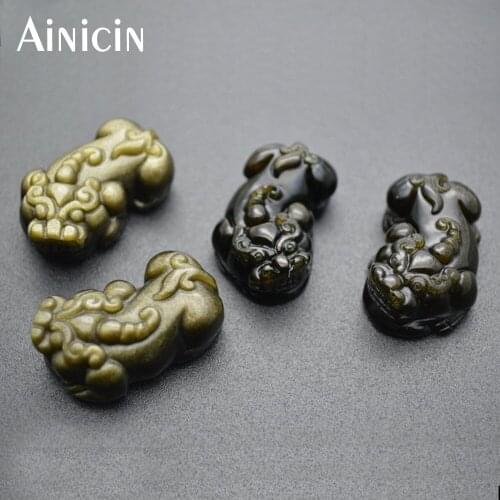 2pcs Fashion Feng Shui Pixiu Pendants Capable of Drawing Wealth Chinese Mythical Creature Golden Obsidian Carved Jewelry For Men