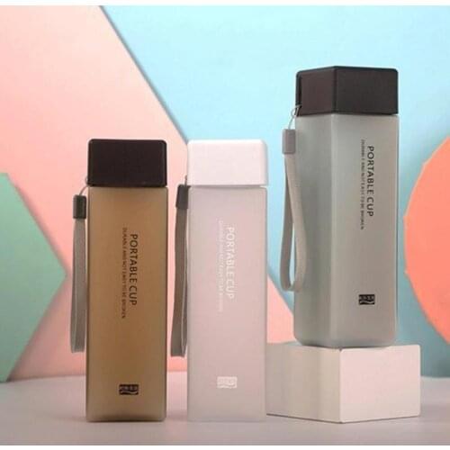1 pcs 450ml transparent square plastic frosted cup outdoor cold juice sports with portable milk rope water cup