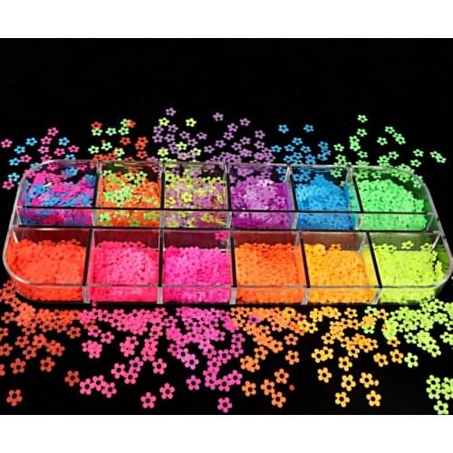 12 Grid Fluorescence Sequins Nail Art Glitter Flakes Neon Colorful Flower Shape Nail Accessories Gel Polish Manicure Decorations