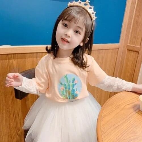 GirlsT-shirt long sleeve new childrens top kids children foreign style lace bottomed t-shirt girls cartoon tees P5162