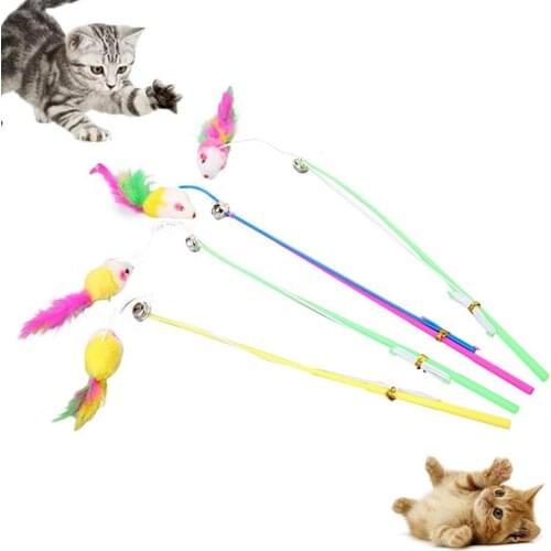 Pet Cat Teaser Cute Mouse Shape Feather Bell Stick Fishing Rod Interactive Toy