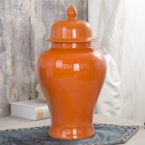 China temple jar large ceramic jars lid orange color ginger jar vase to restaurant and home decoration